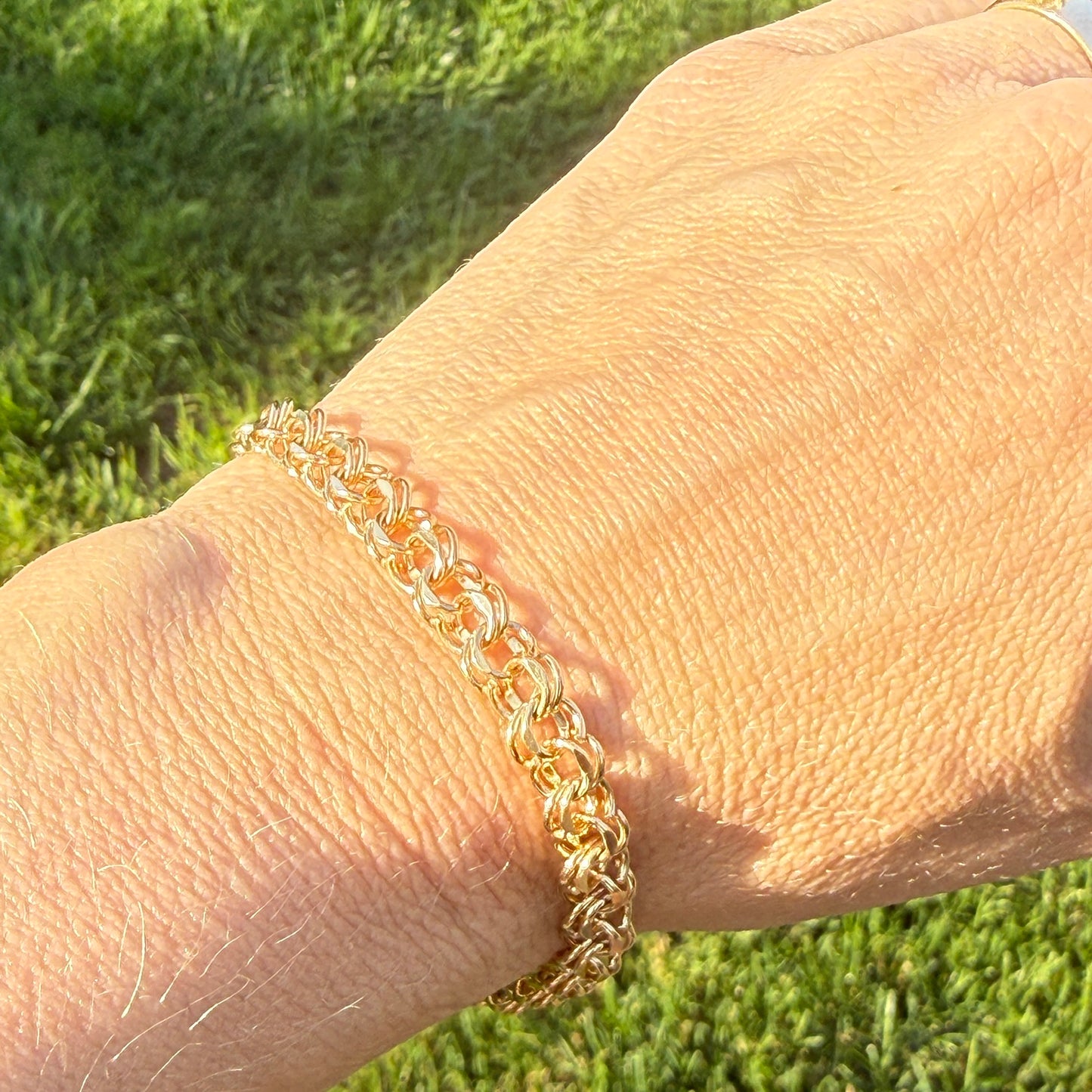 6.75+" Vintage Solid 14K Yellow Gold Faceted Double Circle Link Bracelet, 12.21 g