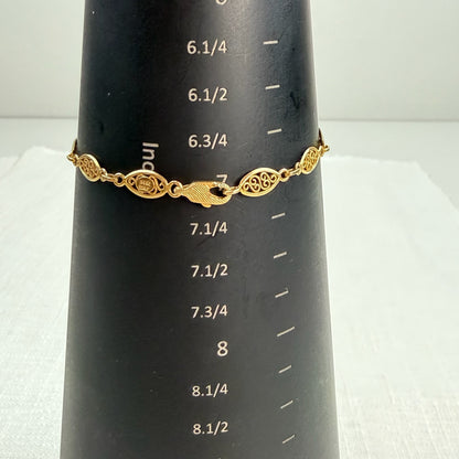 7" Vintage Solid 14K Yellow Gold Italian Oval Filigree Bracelet with Etched Clasp, 4 g