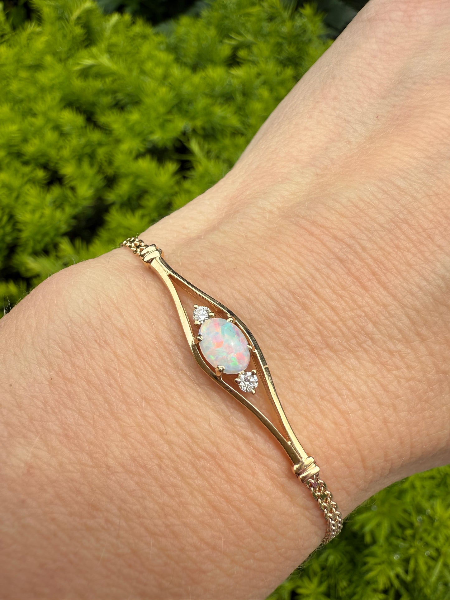5.5-5.75" Solid 14K Yellow Gold Opal and Diamond&nbsp; Bracelet, 3.57 g