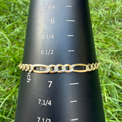 6.75" Italian Solid 14K Yellow & White Gold Faceted Figaro Bracelet, 6.37g