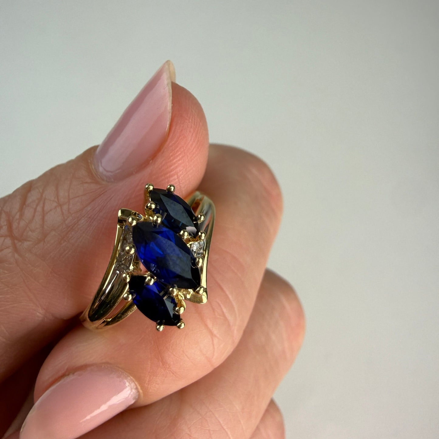 Solid 10k Yellow Gold Three-Stone Marquise Sapphire and Diamond Ring, Size 7.75