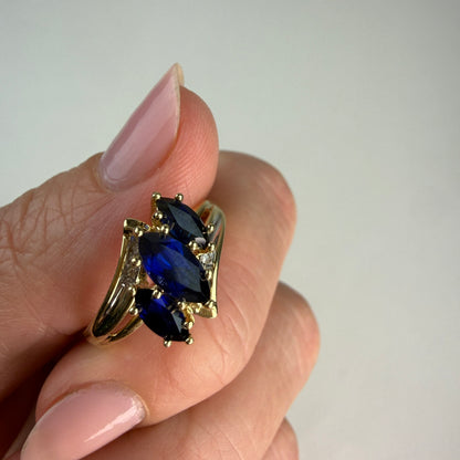 Solid 10k Yellow Gold Three-Stone Marquise Sapphire and Diamond Ring, Size 7.75