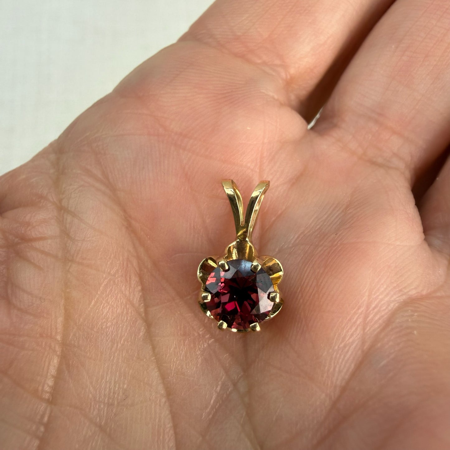 Solid 14K Yellow Gold  Rubellite Garnet Buttercup Pendant, 1 gram
