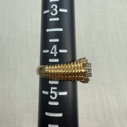 Solid 14K Yellow Gold Exceptional Diamond Cluster Ribbed Ring Size 4.5