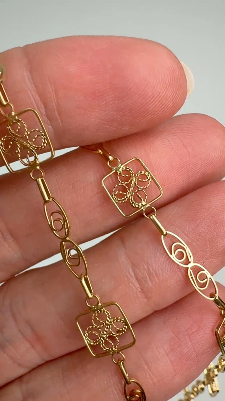 27" Solid 14K Yellow Gold Victorian-inspired Filigree Station Chain, 7.87 g