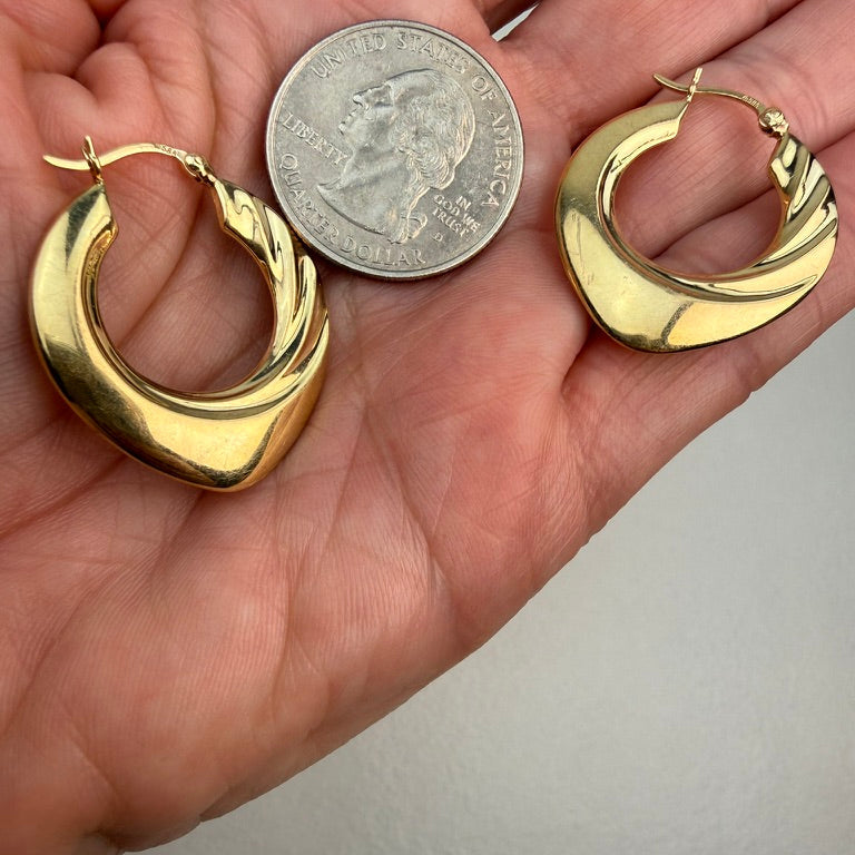 14k Solid Yellow Gold Sculptural Bold Hoop Earrings, 3.22 g