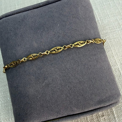 Vintage Solid 14K Yellow Gold Italian Oval Filigree Link Bracelet, 7.25", 3.35 g
