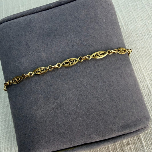 Vintage Solid 14K Yellow Gold Italian Oval Filigree Link Bracelet, 7.25", 3.35 g