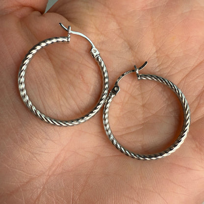 14K Solid White Gold Mid-Size Twisted Rope Hoops, 2 g