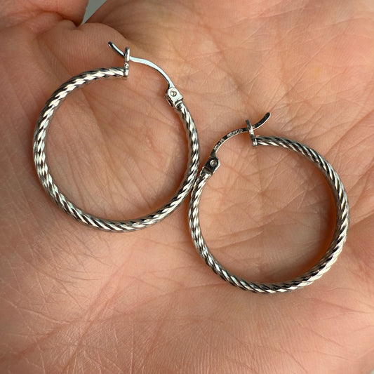 14K Solid White Gold Mid-Size Twisted Rope Hoops, 2 g