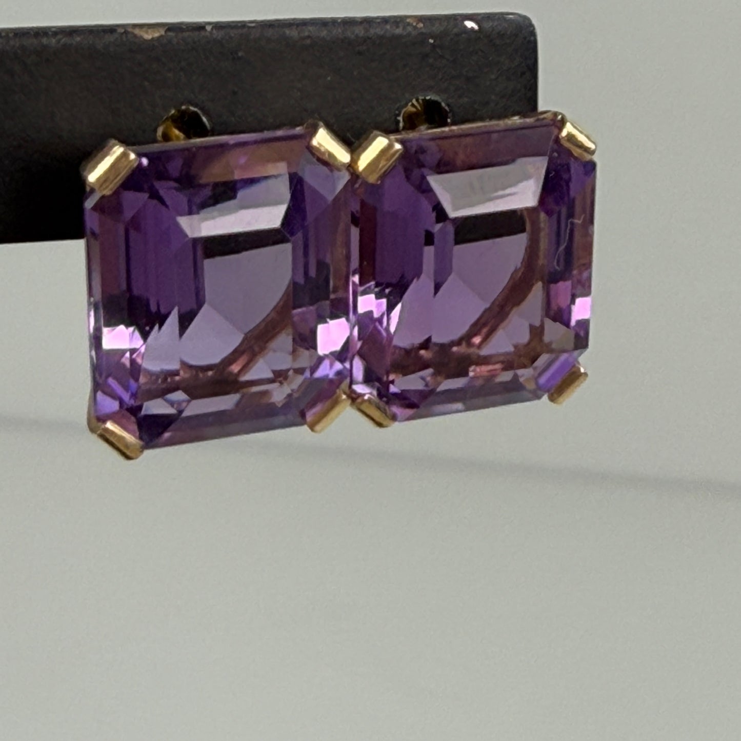 Estate 14k Solid Yellow Gold Elegant Emerald Cut Amethyst Stud Earrings, 4.89g