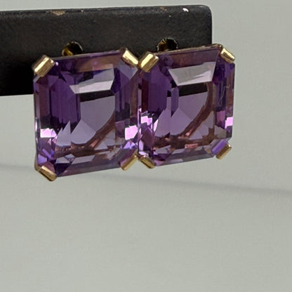 Estate 14k Solid Yellow Gold Elegant Emerald Cut Amethyst Stud Earrings, 4.89g