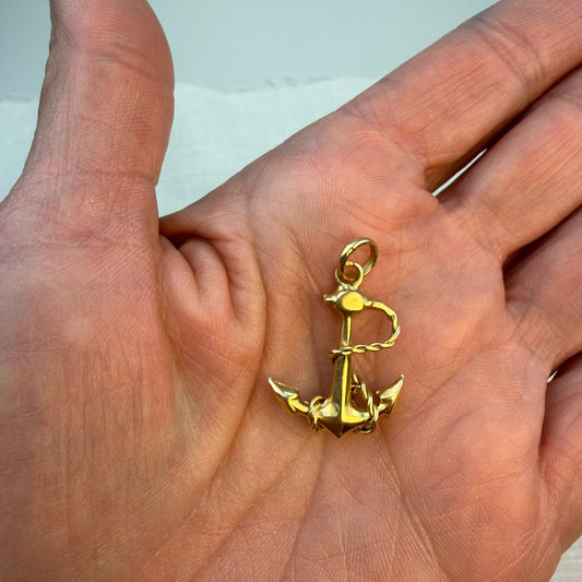 Estate Solid 14K Yellow Gold 3D Two-Sided Anchor with Rope – 2.1g