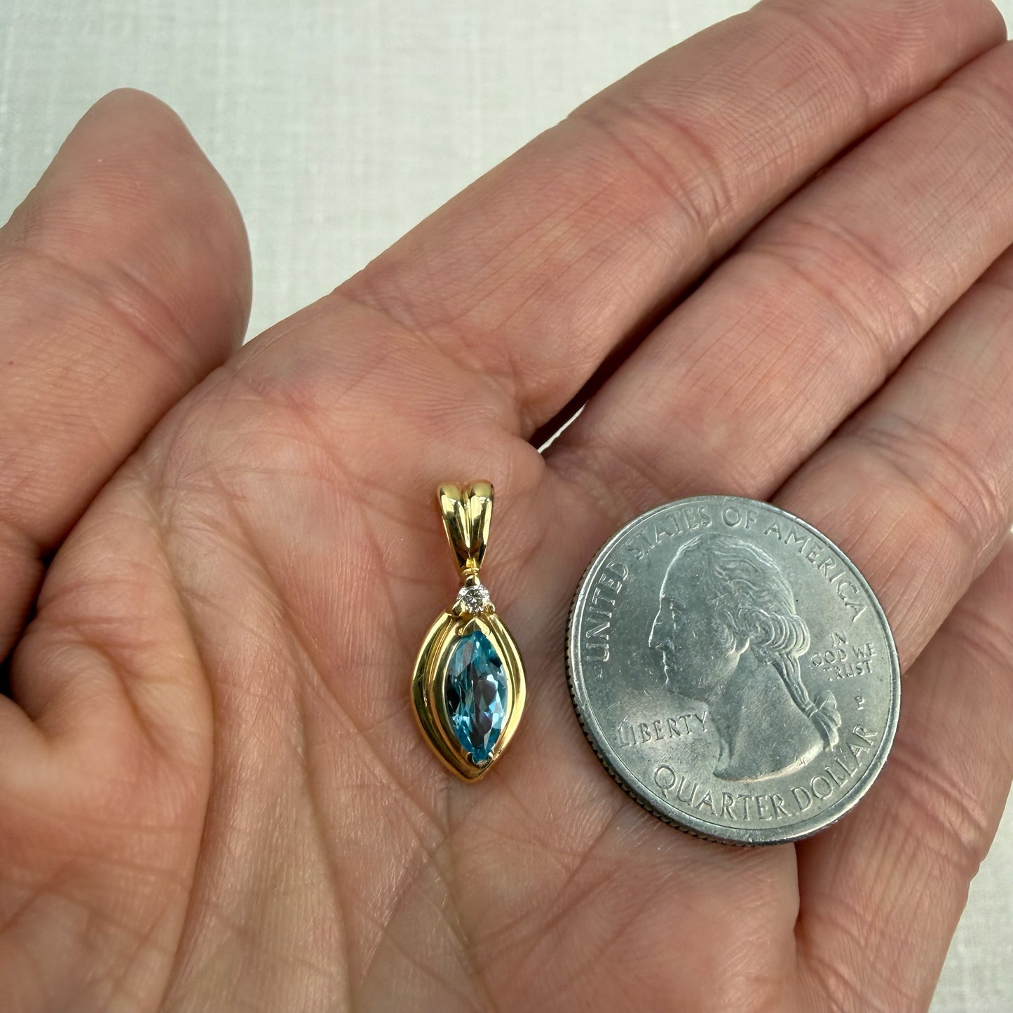 Solid 14K Yellow Gold Marquise-Cut Blue Topaz with diamond Pendant, 1.65 grams