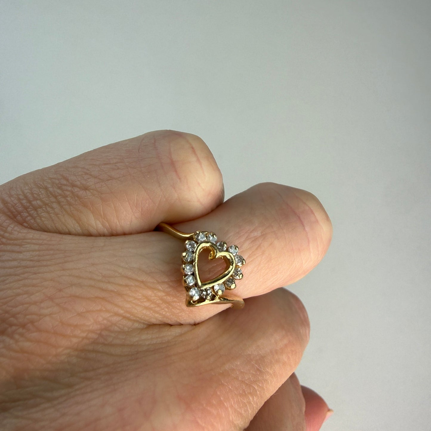 Solid 14K Yellow Gold Diamond Open Heart Ring with Square Shank, Size 5.5