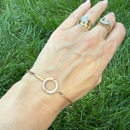 Italian 14K Rose Gold Solid Bangle Bracelet with Geometric Open Circle Detail, 5 g