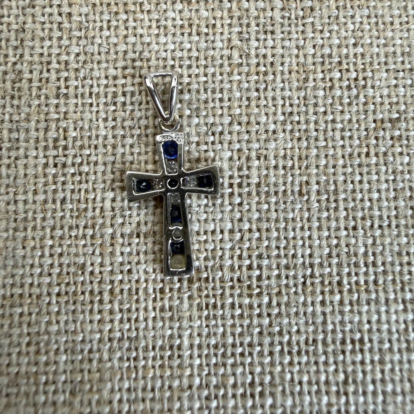 Solid 14K White Gold Diamond and Sapphire Cross — 1.21 grams