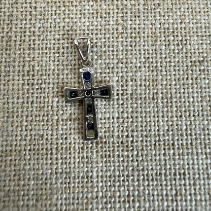 Solid 14K White Gold Diamond and Sapphire Cross — 1.21 grams