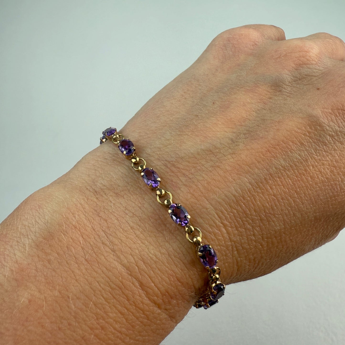 6.75" Solid 10K Yellow Gold Oval Amethyst Link Bracelet, 4.5g