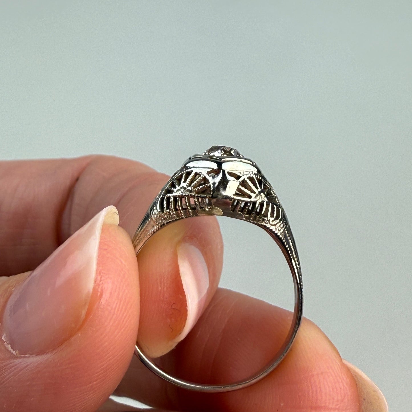 Vintage Solid 18K White Gold Art Deco Old Mine Cut Diamond Ring, Size 6.25