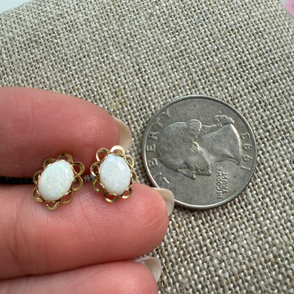 14K Solid Yellow Gold Opal Scalloped Frame Stud Earrings, .76 g