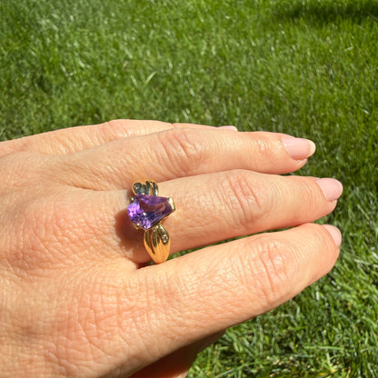 14K Solid Yellow Gold Geometric Amethyst and Gypsy Set Diamond Ring, Size 7.75
