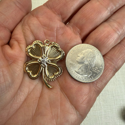 Vintage Solid 10K Engine-turned Four-leaf Clover Pendant with Diamond Pendant, 6.61 grams