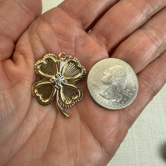 Vintage Solid 10K Engine-turned Four-leaf Clover Pendant with Diamond Pendant, 6.61 grams