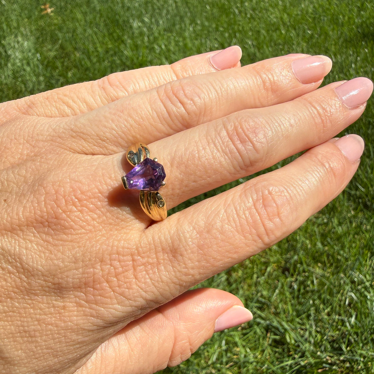 14K Solid Yellow Gold Geometric Amethyst and Gypsy Set Diamond Ring, Size 7.75