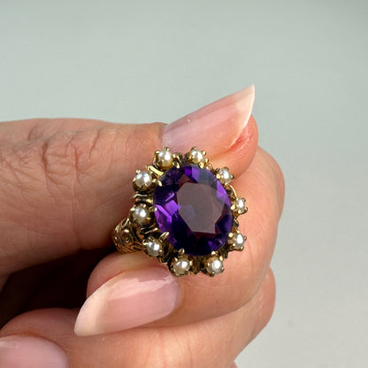 Vintage 10K Amethyst & Seed Pearl Victorian Revival Cluster Ring, Size 4.5