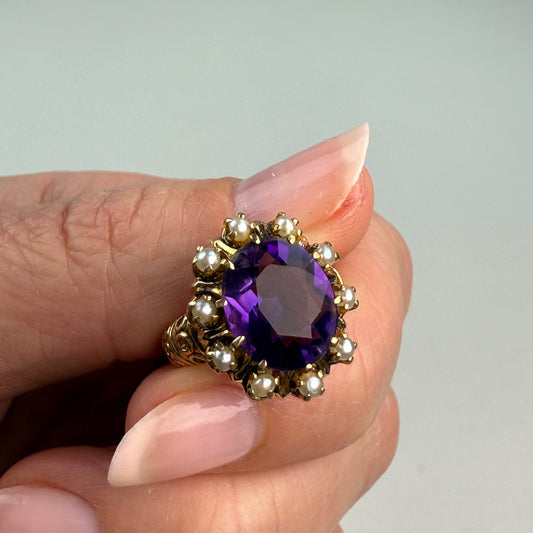 Vintage 10K Amethyst & Seed Pearl Victorian Revival Cluster Ring, Size 4.5