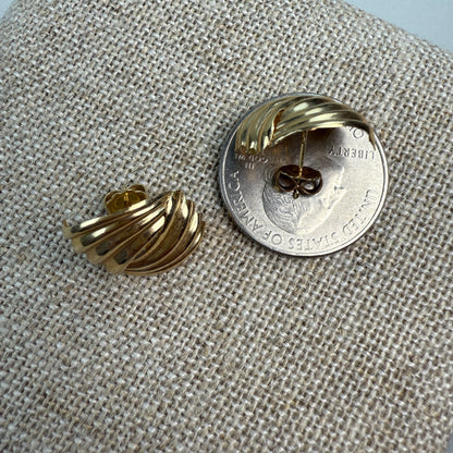 14K Solid Yellow Gold Sculptural Ribbed Earrings, 1.34 g