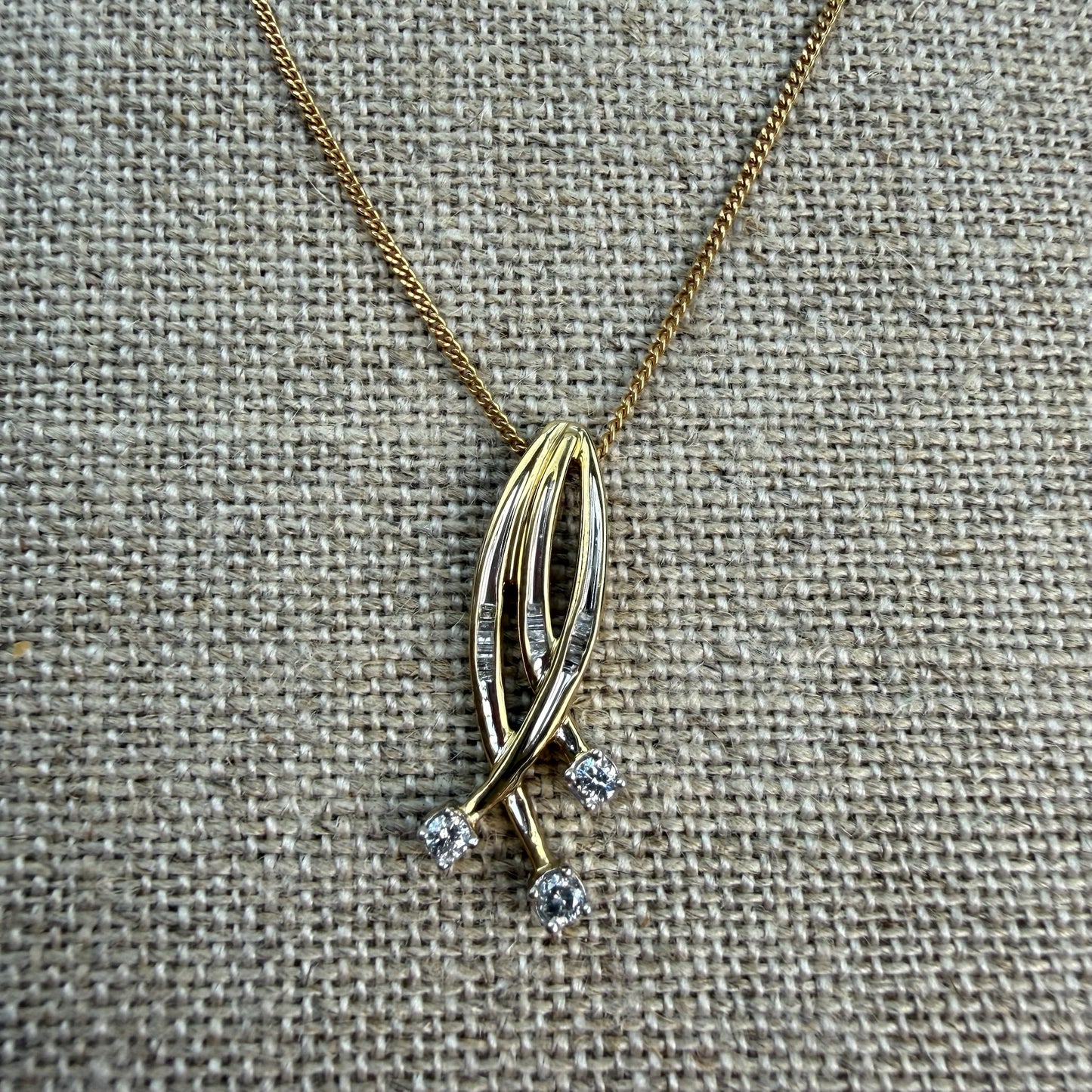 Solid 10K Yellow and White Gold Diamond Baguette and Round Diamond Pendant, 2.32 grams
