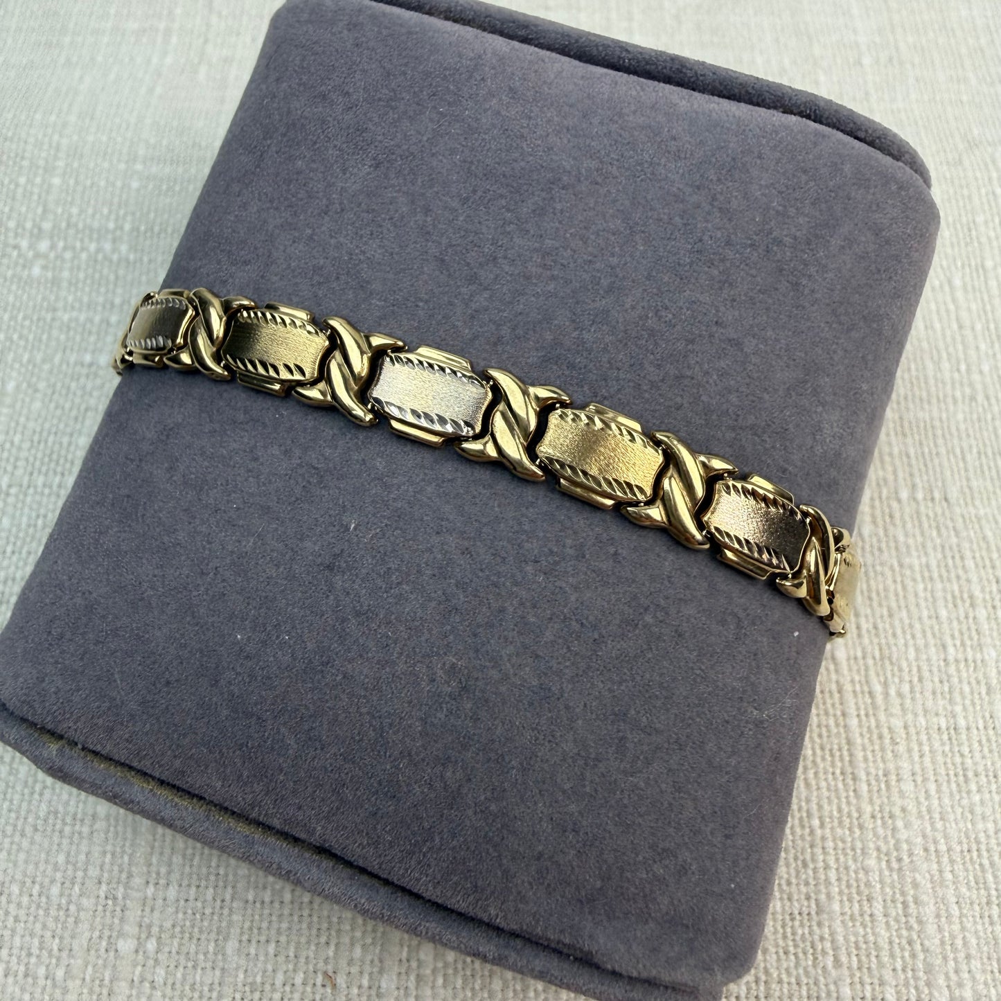 Vintage Solid 10K Two-tone Rectangular Link Bracelet, 7.25"