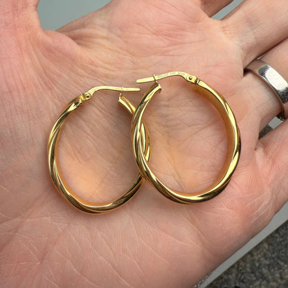 14K Solid Yellow Gold Italian Twisted Oval Hoop Earrings, 2.34 g