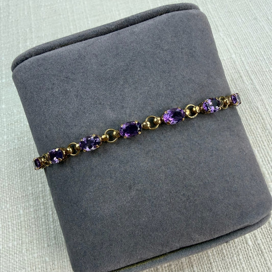 6.75" Solid 10K Yellow Gold Oval Amethyst Link Bracelet, 4.5g