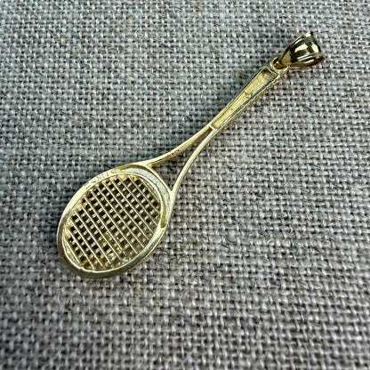Solid 14K Yellow Gold with Diamond Tennis Racket Pendant Charm, 3.62 grams