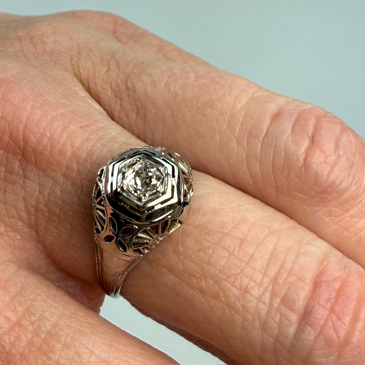 Vintage Solid 18K White Gold Art Deco Old Mine Cut Diamond Ring, Size 6.25
