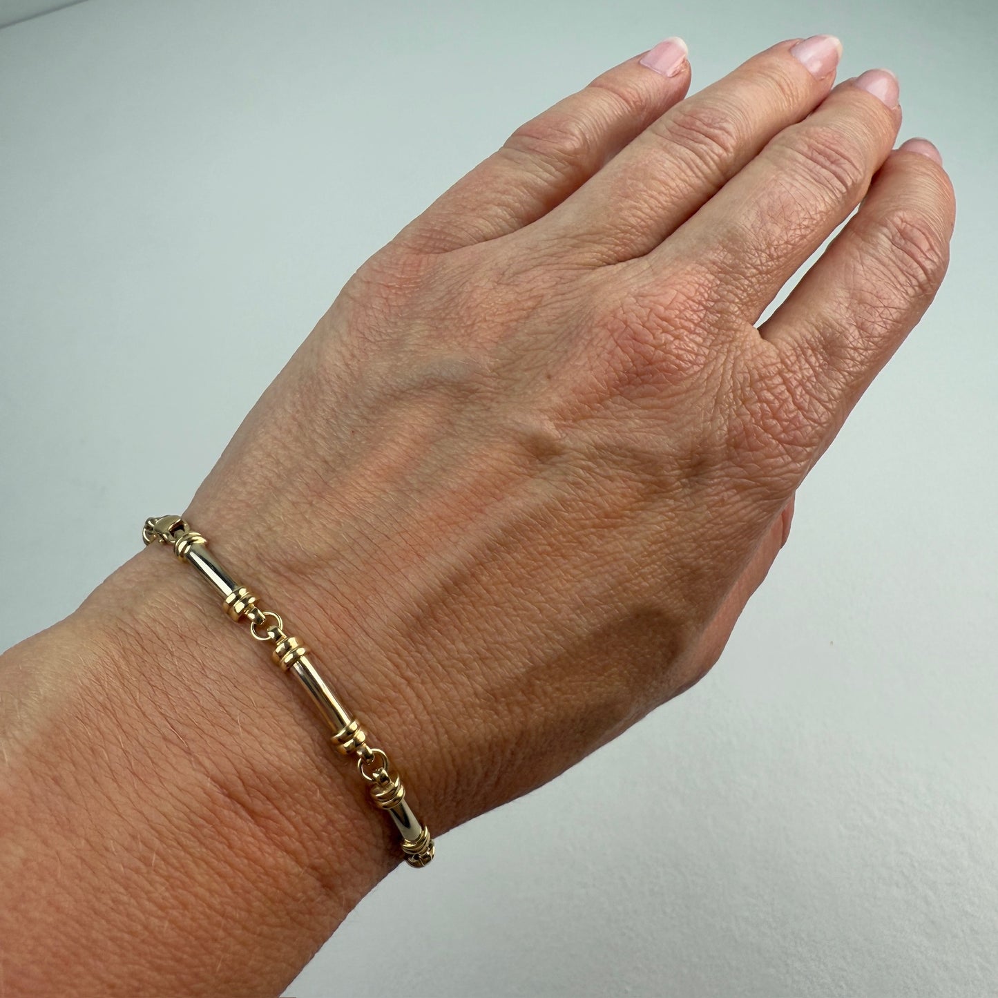 6.75" Solid 14K Two-tone Yellow and White Gold Bar Link Bracelet, 7.62 g