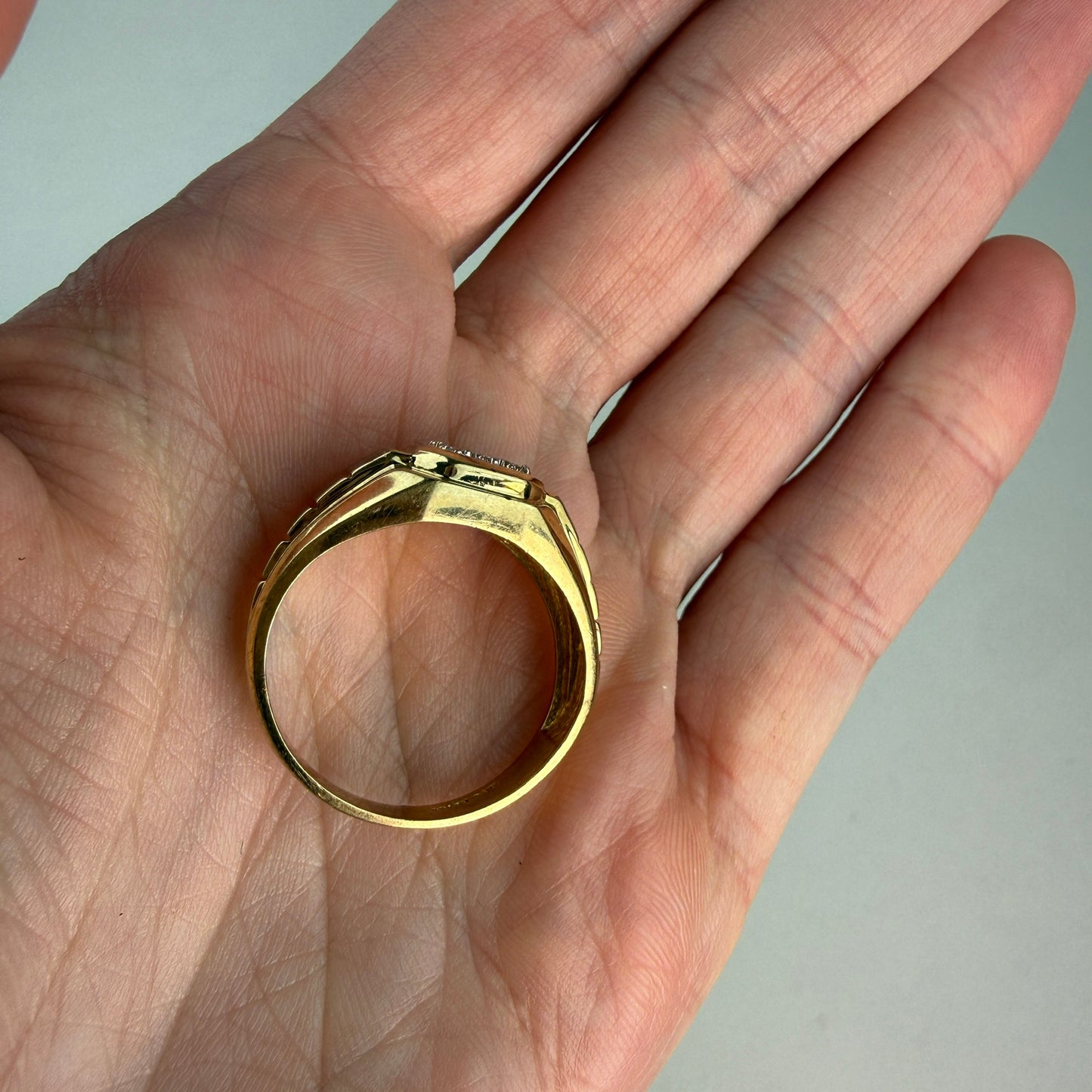 10K Solid Two-Tone Gold Bold Diamond Illusion Signet Ring, Size 11