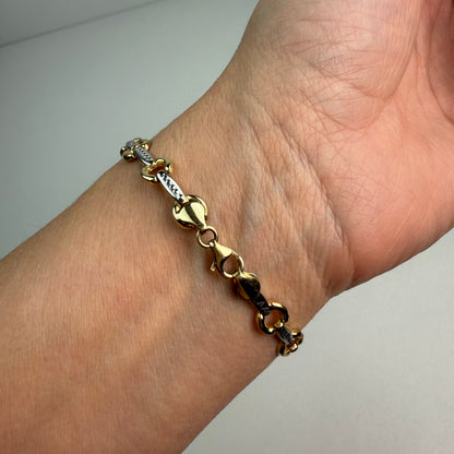 7" Etched Bar and Circle Link 10K Two Tone Gold Bracelet 6.89 mm 4.25g
