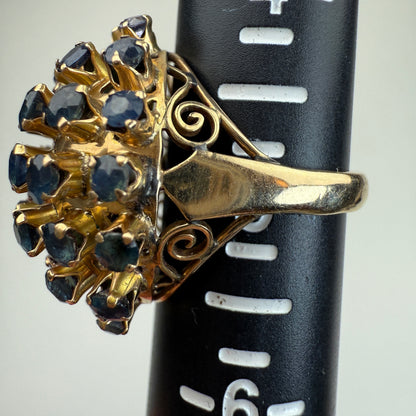 14K Solid Yellow Gold Mid-century Sapphire Dome Ring, 6.83 g