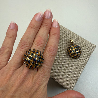 14K Solid Yellow Gold Mid-century Sapphire Dome Ring, 6.83 g