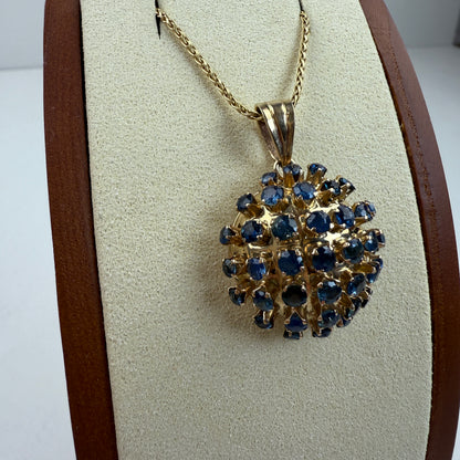 Vintage Solid 14K Yellow Gold Mid-century Dome Sapphire Pendant, 6.46 g