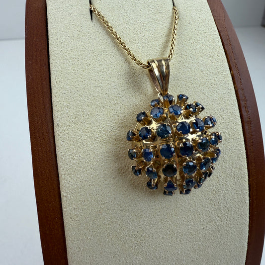 Vintage Solid 14K Yellow Gold Mid-century Dome Sapphire Pendant, 6.46 g