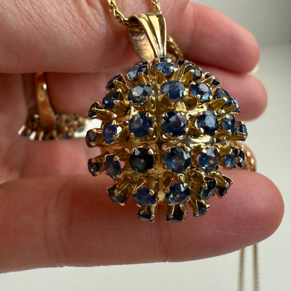 Vintage Solid 14K Yellow Gold Mid-century Dome Sapphire Pendant, 6.46 g