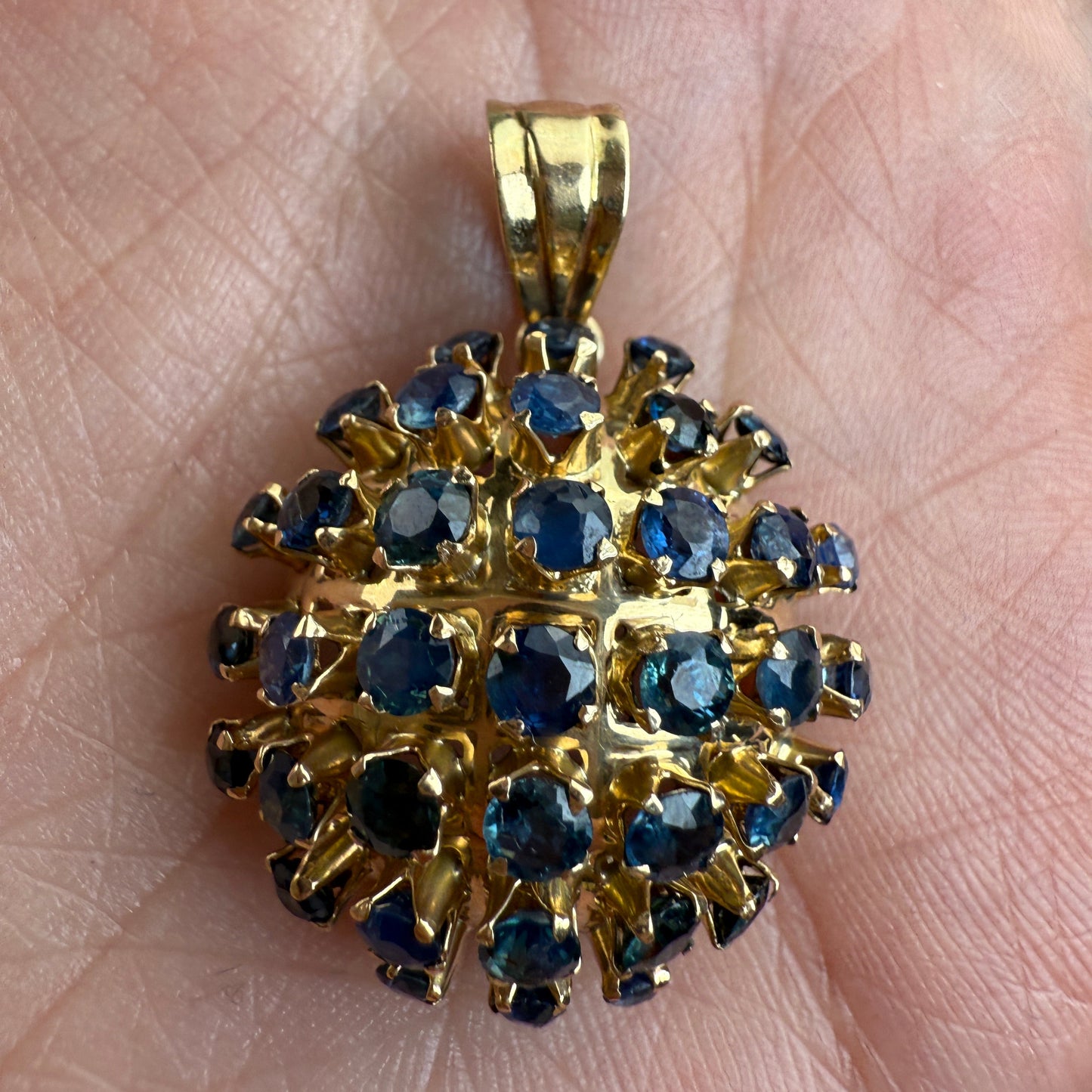 Vintage Solid 14K Yellow Gold Mid-century Dome Sapphire Pendant, 6.46 g