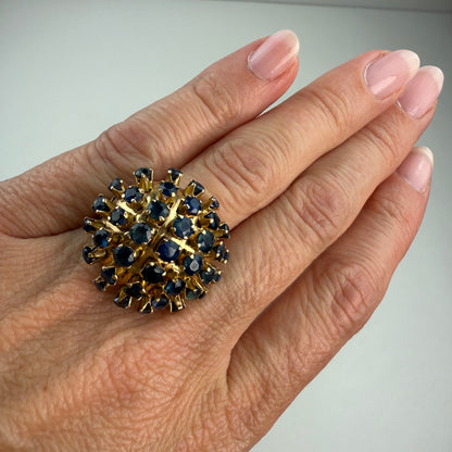 14K Solid Yellow Gold Mid-century Sapphire Dome Ring, 6.83 g