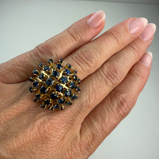 14K Solid Yellow Gold Mid-century Sapphire Dome Ring, 6.83 g