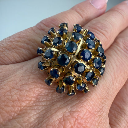 14K Solid Yellow Gold Mid-century Sapphire Dome Ring, 6.83 g